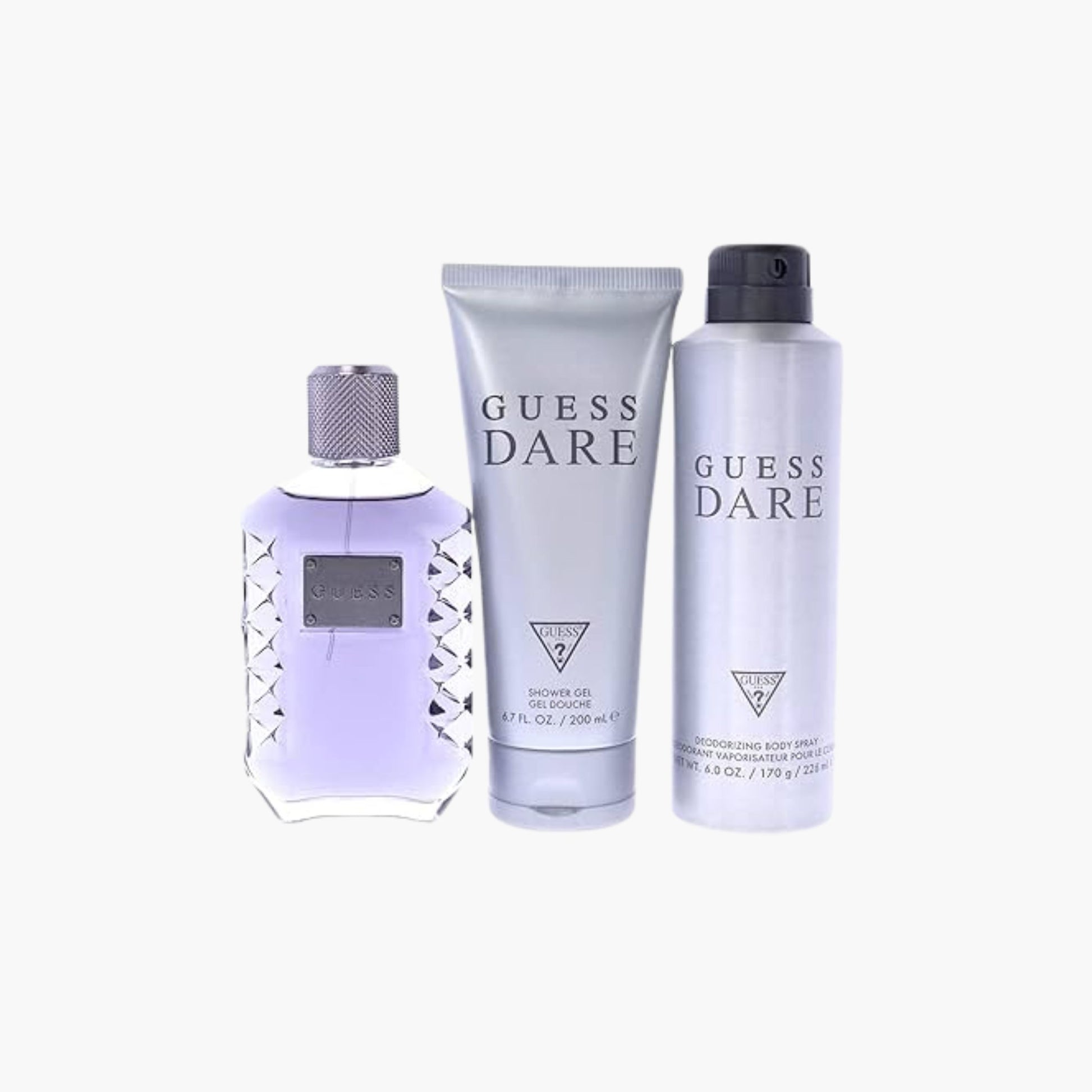 Guess Dare fragrance set including Eau De Toilette bottle, shower gel, and body spray in silver packaging