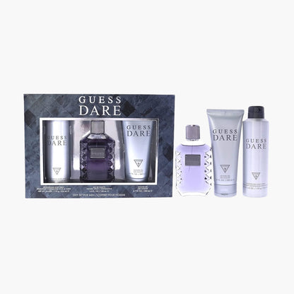 Guess Dare fragrance gift set for men with Eau De Toilette bottle, shower gel, and body spray in purple and silver packaging
