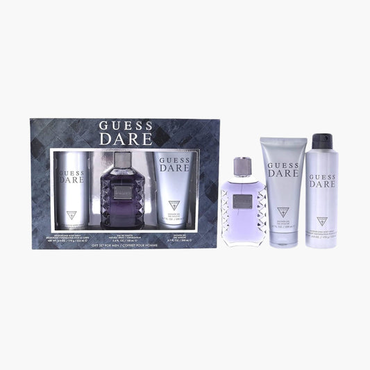 Guess Dare fragrance gift set for men with Eau De Toilette bottle, shower gel, and body spray in purple and silver packaging
