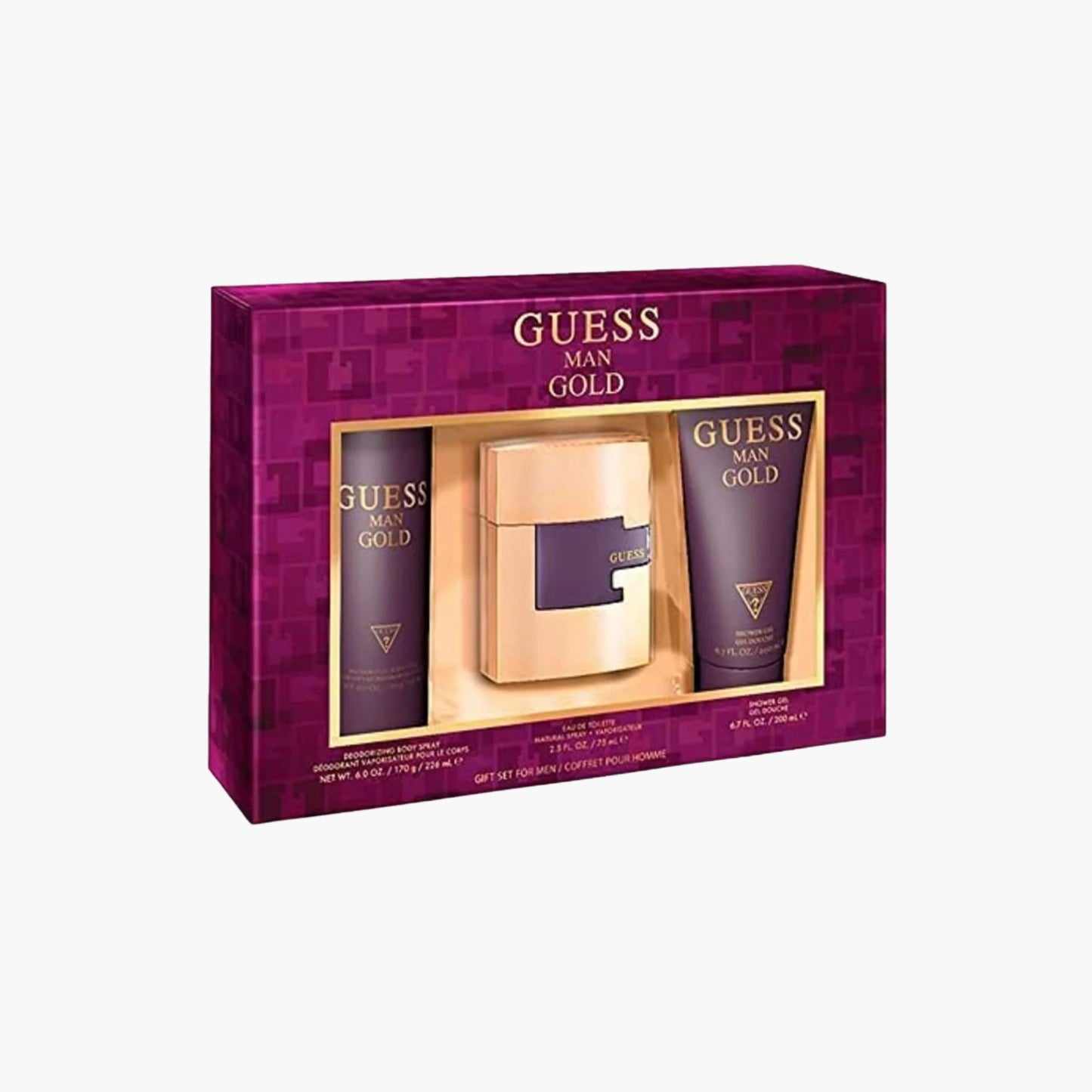 Guess Man Gold gift set featuring a gold bottle of Guess Man Gold Eau de Toilette, a deodorizing body spray, and a body lotion, all in a purple gift box with a gold accent.