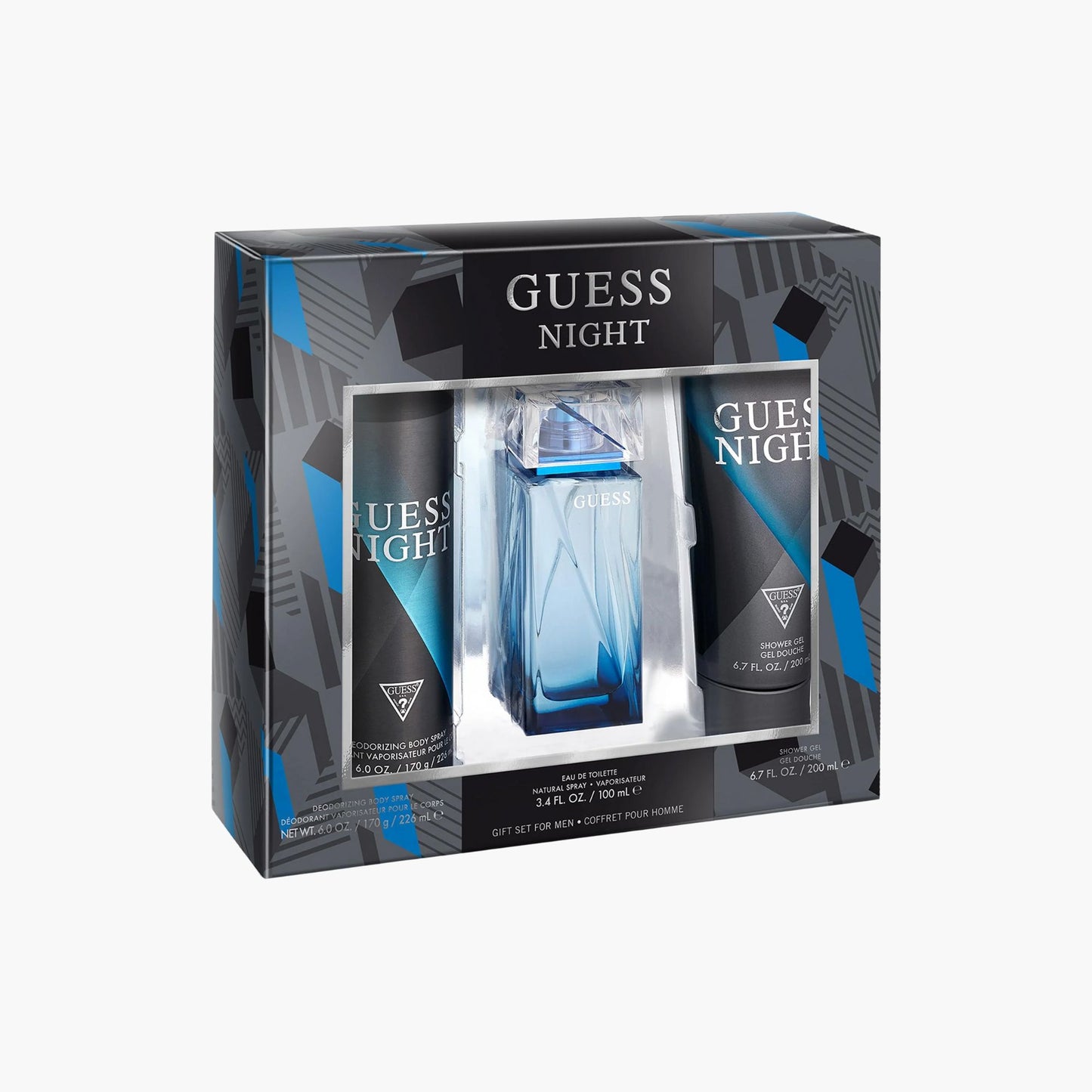 Guess Night fragrance gift set for men with Eau De Toilette 100ml bottle, deodorizing body spray, and shower gel in blue and black packaging