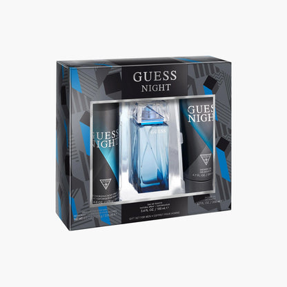 Guess Night fragrance gift set for men with Eau De Toilette 100ml bottle, deodorizing body spray, and shower gel in blue and black packaging