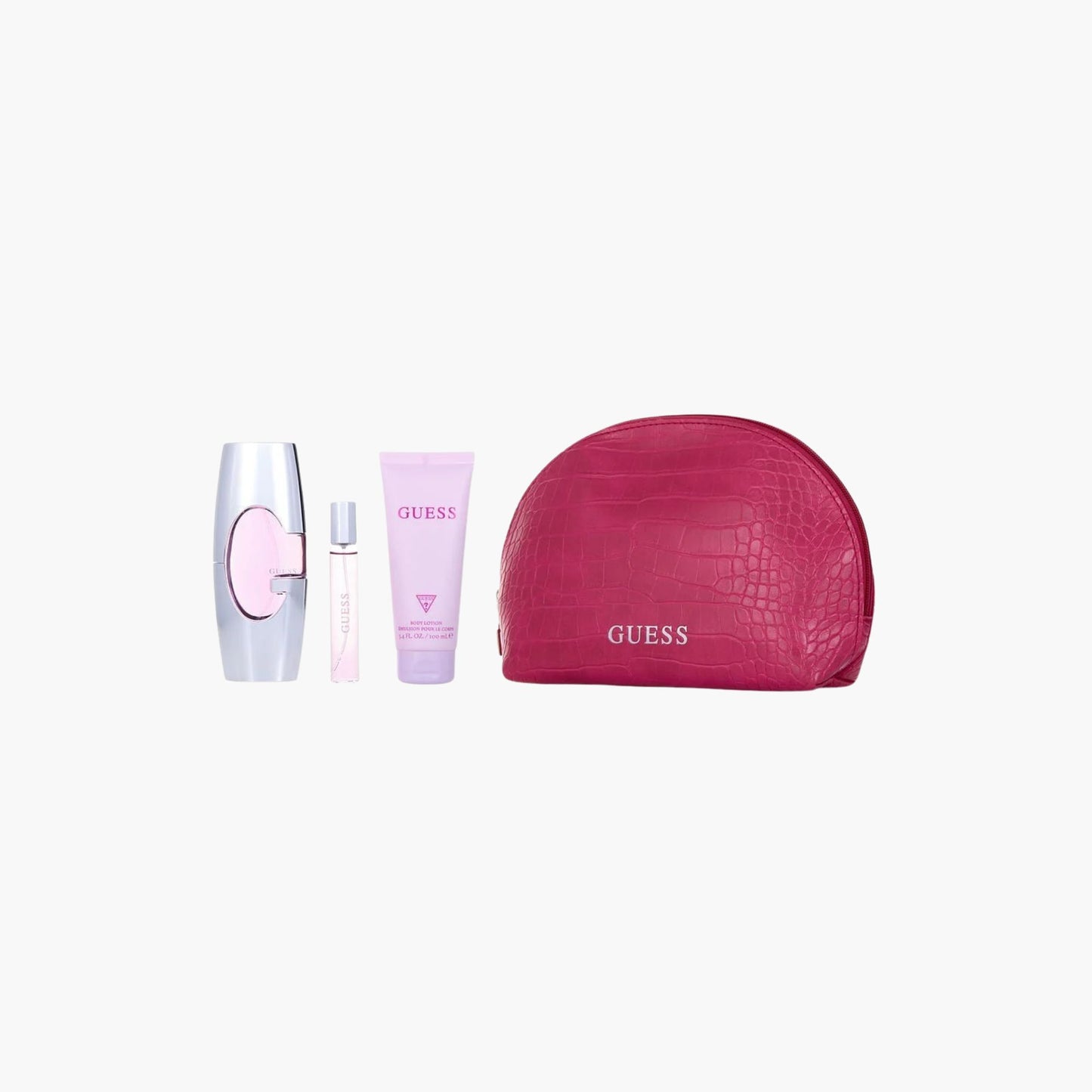 Guess Girl fragrance set with pink Eau De Toilette bottle, rollerball, body lotion, and pink cosmetic pouch