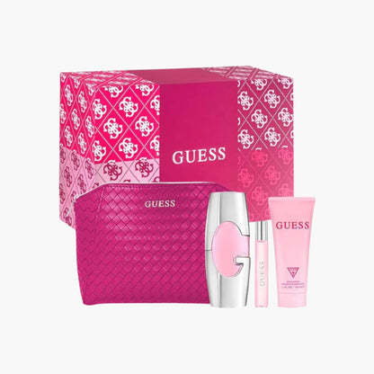 Guess Girl fragrance gift set with Eau De Toilette bottle, rollerball, body lotion, pink cosmetic pouch, and gift box packaging