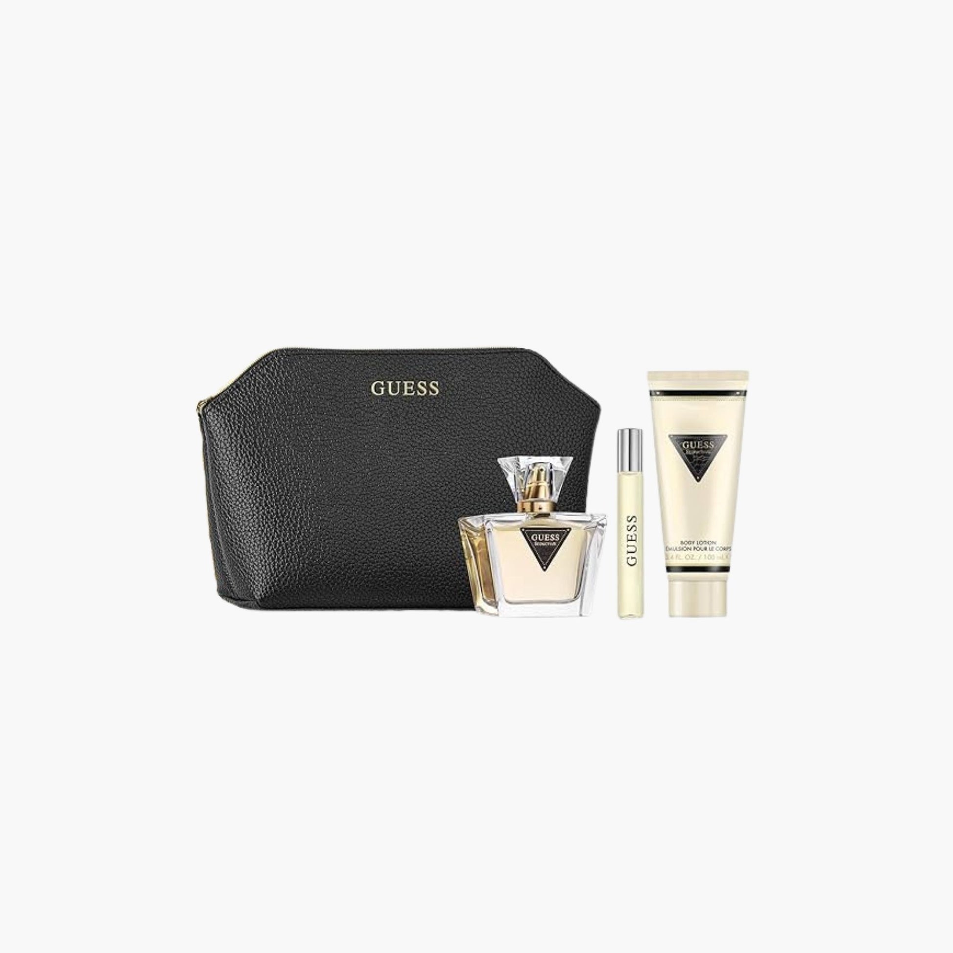 Guess perfume set with Eau De Parfum bottle, rollerball, body lotion, and black cosmetic pouch