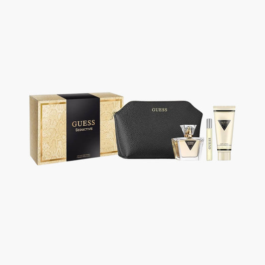 Guess Seductive fragrance gift set with Eau De Parfum bottle, rollerball, body lotion, black cosmetic pouch, and golden gift box packaging