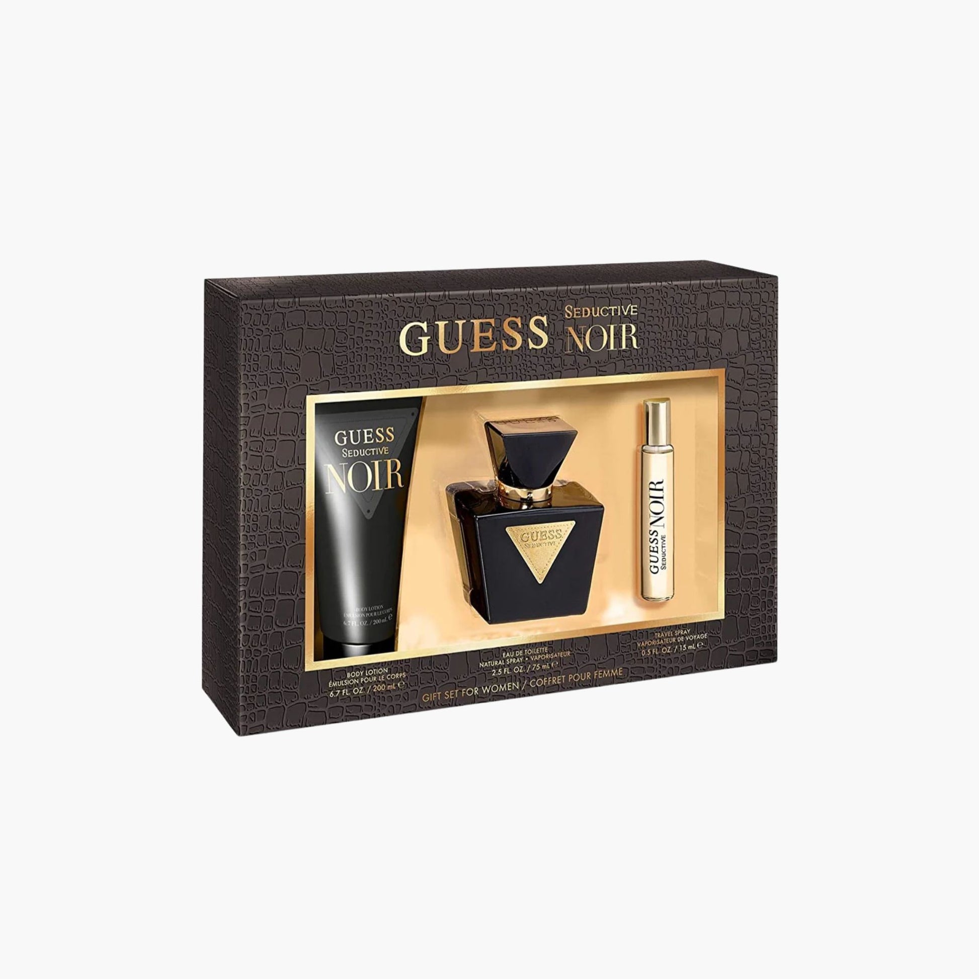 Guess Seductive Noir fragrance gift set with Eau De Parfum bottle, body lotion, and rollerball in black and gold packaging