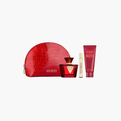 Guess Red fragrance set with Eau De Parfum bottle, rollerball, body lotion, and red cosmetic pouch