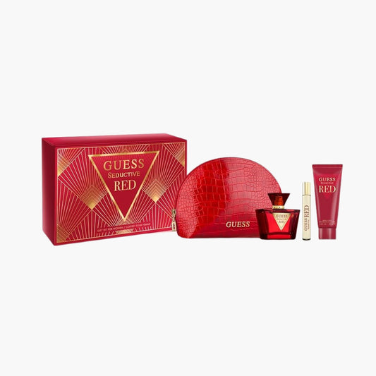 Guess Seductive Red fragrance gift set with Eau De Parfum bottle, rollerball, body lotion, red cosmetic pouch, and red gift box packaging