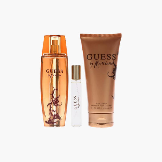 Guess by Marciano fragrance set with Eau De Parfum bottle, body lotion, and rollerball in orange and gold packaging