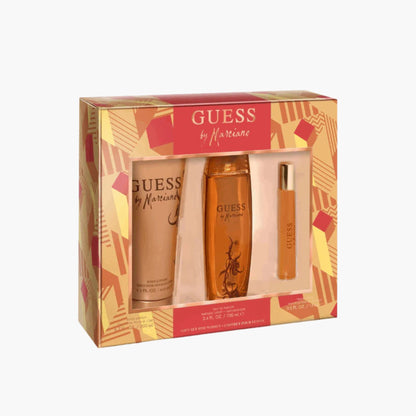 Guess by Marciano fragrance gift set with Eau De Parfum bottle, body lotion, and rollerball in a colorful geometric box packaging