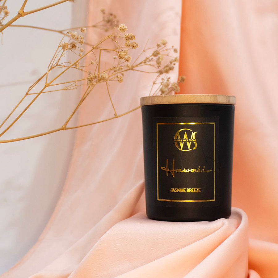 Candle Wick Store Hawaii Candle with Jasmine Breeze Scent Bottle and Packaging