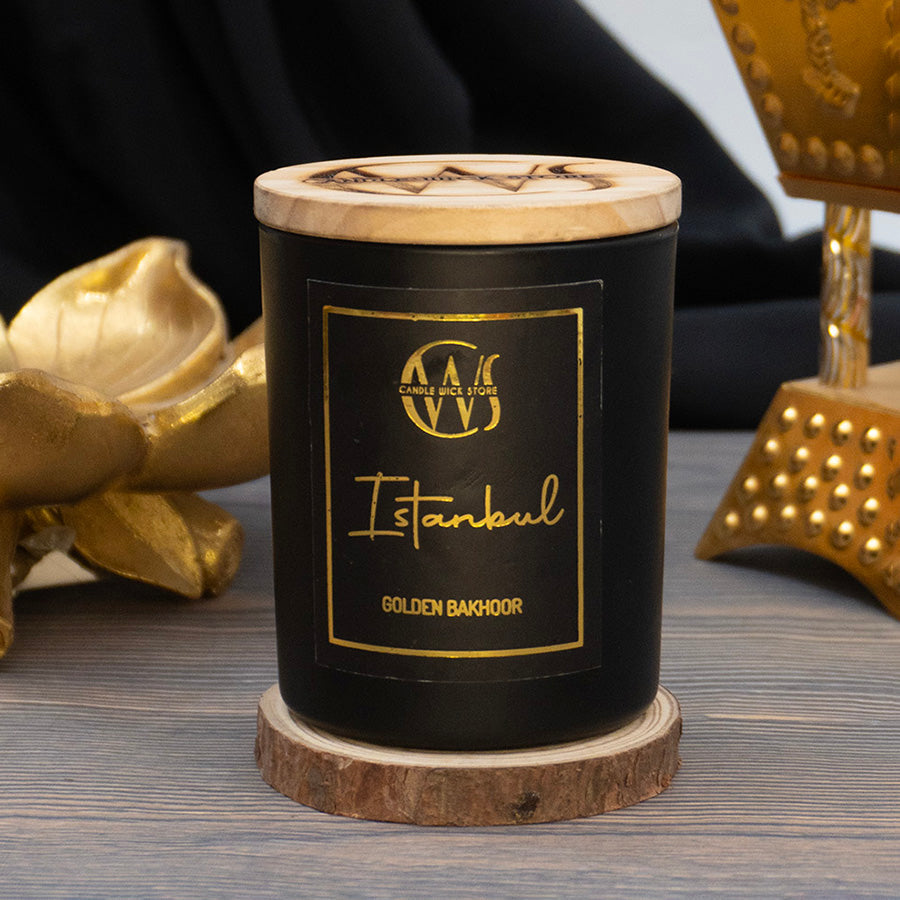 Candle Wick Store Istanbul Candle with Golden Bakhoor Scent Bottle and Packaging
