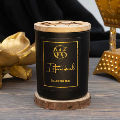 Candle Wick Store Istanbul Candle with Golden Bakhoor Scent Bottle and Packaging