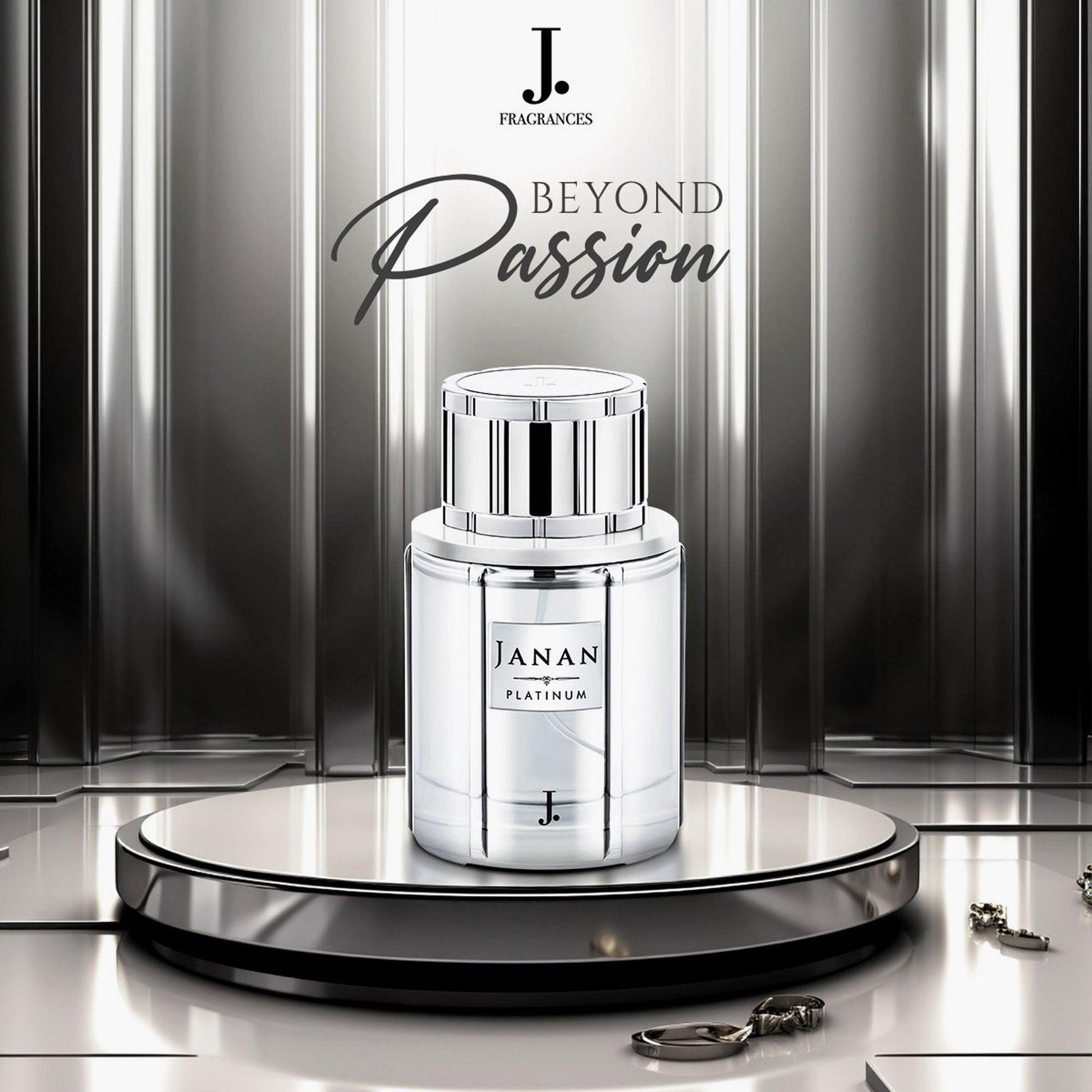 Janan Platinum Eau De Parfum bottle displayed on a silver pedestal with the text 'Beyond Passion' in the background and a sleek, modern metallic setting