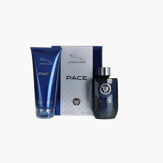 Jaguar Pace gift set featuring a sleek black bottle of Jaguar Pace cologne, a matching blue shower gel, and a luxurious silver and blue box.