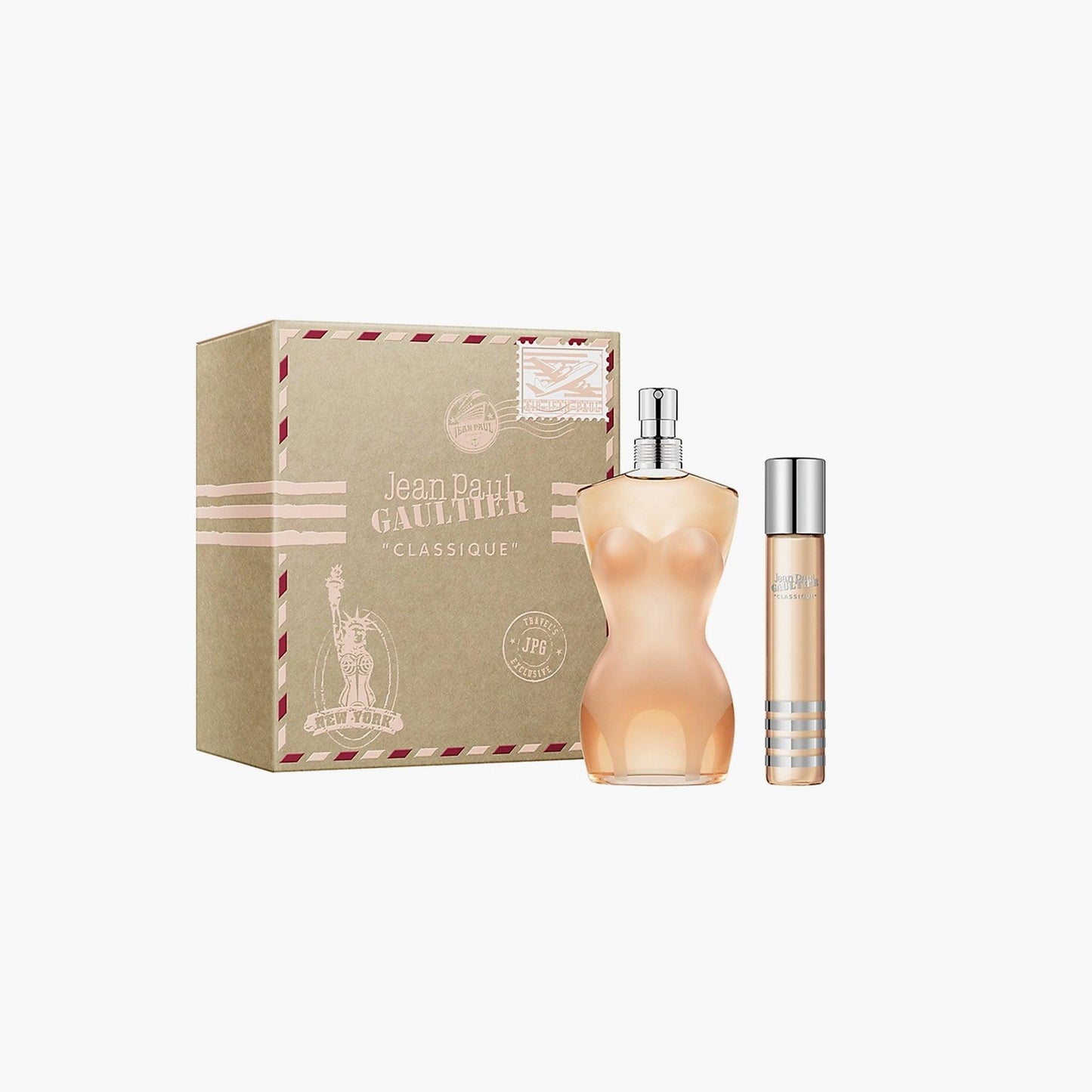 Jean Paul Gaultier Classique Eau De Parfum 100ml bottle and travel spray in packaging with vintage postmark design