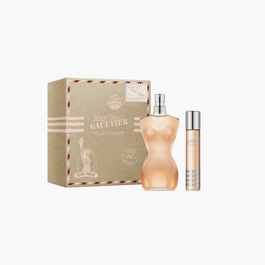 Jean Paul Gaultier Classique Eau De Parfum 100ml bottle and travel spray in packaging with vintage postmark design