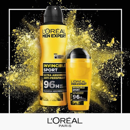 LOreal Men Expert Invincible Sport 96H Anti-Perspirant Spray and Roll-On deodorants displayed together with a dynamic yellow powder explosion background