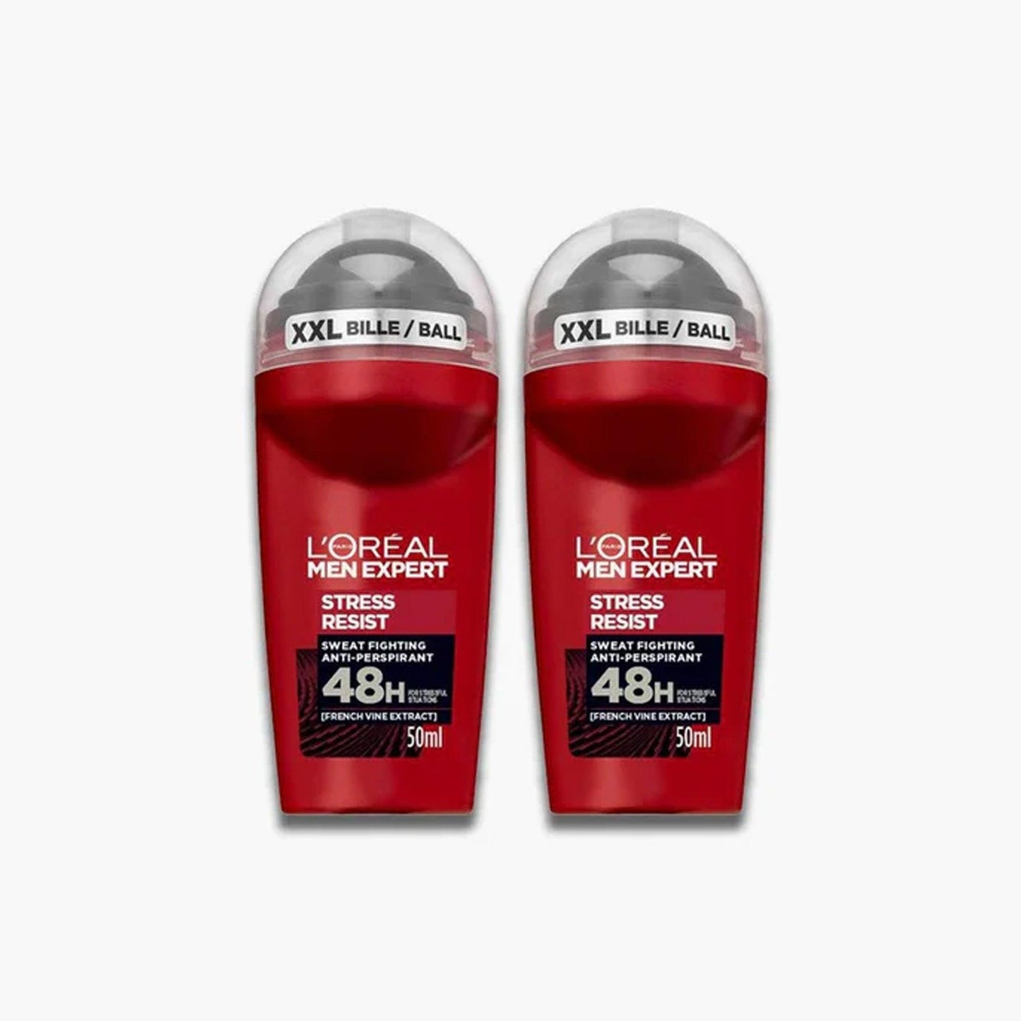 Two L’Oreal Men Expert Stress Resist roll-ons with red bottles and silver caps on white background