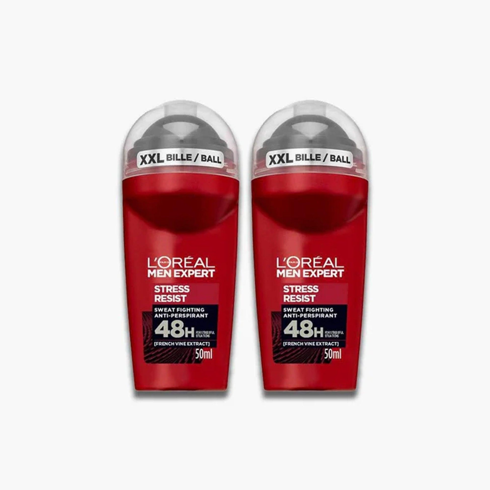 Two L’Oreal Men Expert Stress Resist roll-ons with red bottles and silver caps on white background
