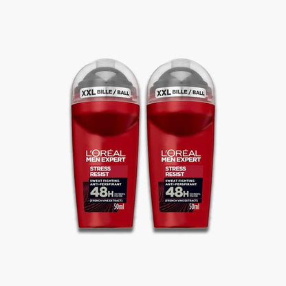 Two L’Oreal Men Expert Stress Resist roll-ons with red bottles and silver caps on white background