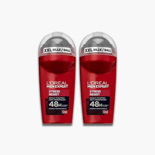 Two L’Oreal Men Expert Stress Resist roll-ons with red bottles and silver caps on white background