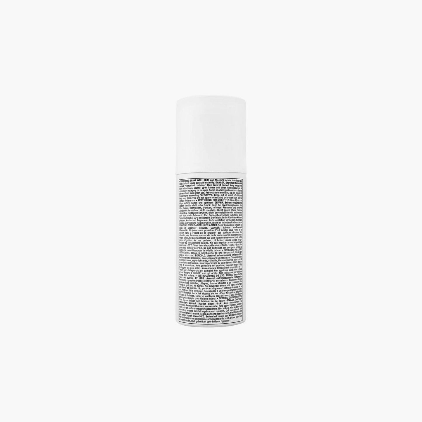 White cylindrical skincare product bottle with black printed text label displayed against a plain white background