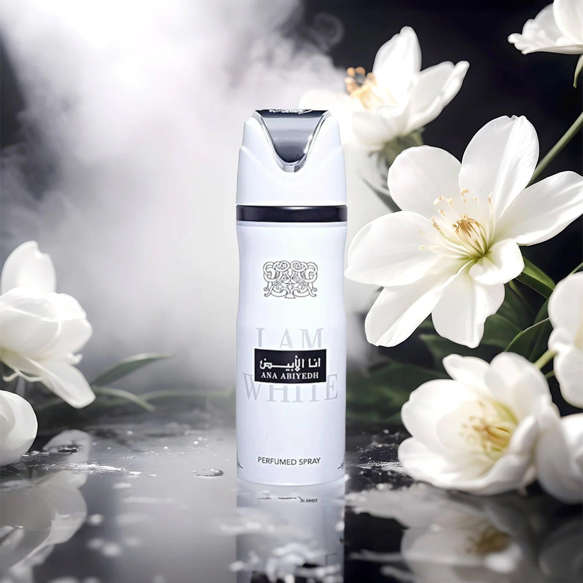 Lattafa Ana Abiyedh I Am White perfumed spray with white flowers and mist on a glossy surface.