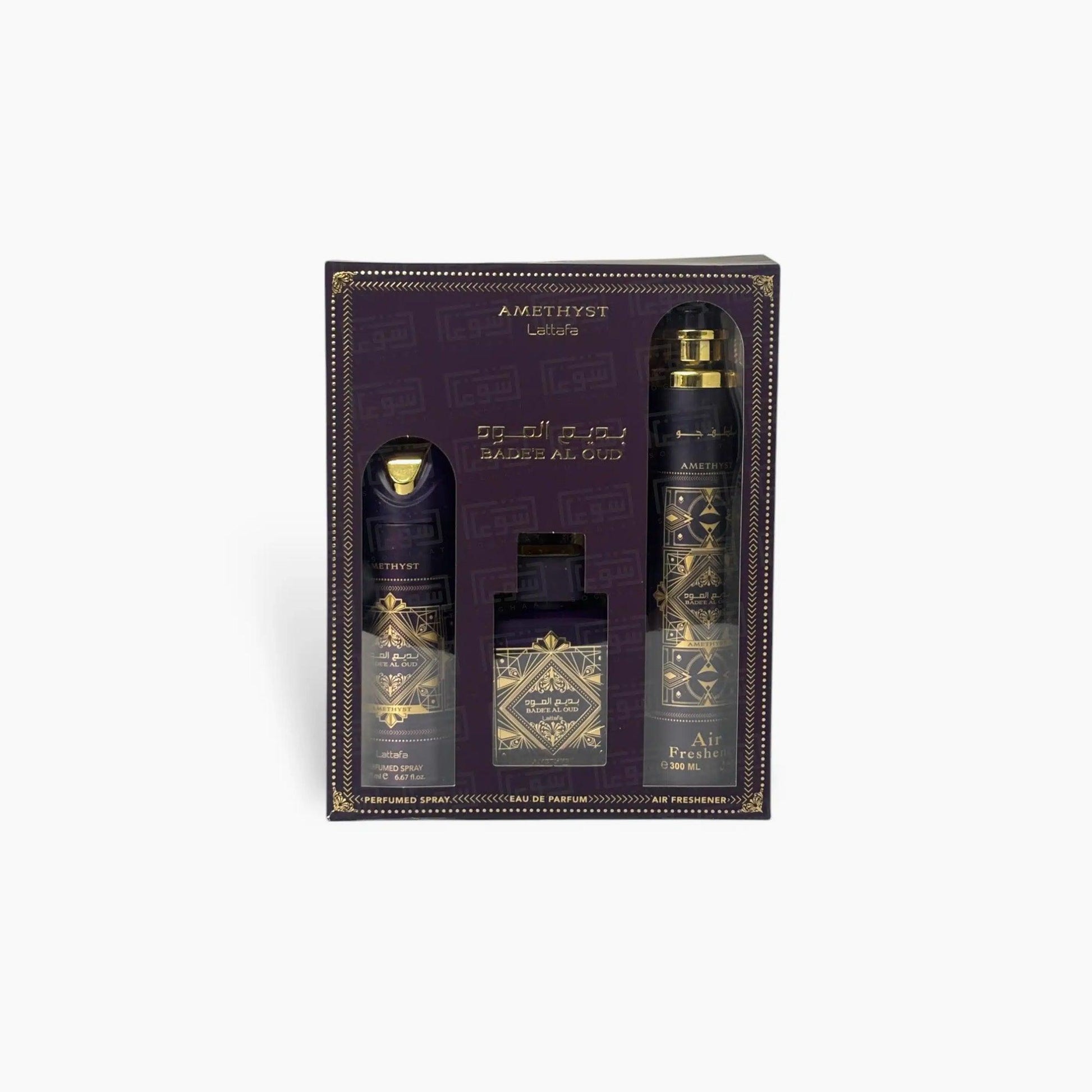Lattafa Amethyst Bakhoor Al Oud fragrance set with perfume spray, air freshener, and deodorant, presented in a luxurious purple and gold gift box