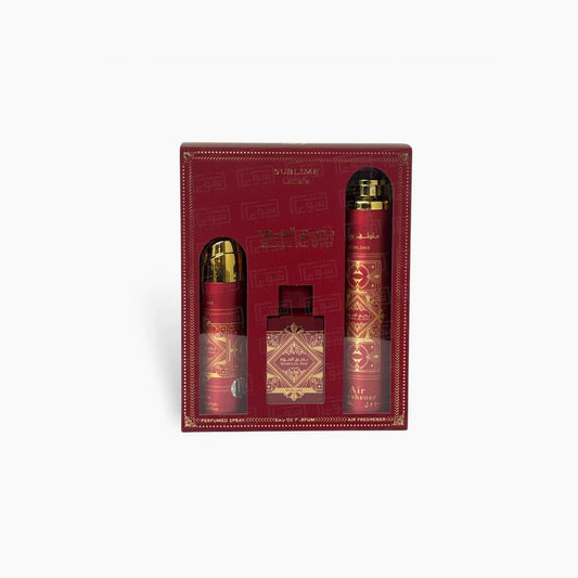 Lattafa Sublime Bakhoor Al Oud fragrance set with perfume spray, air freshener, and deodorant, presented in a luxurious red and gold gift box