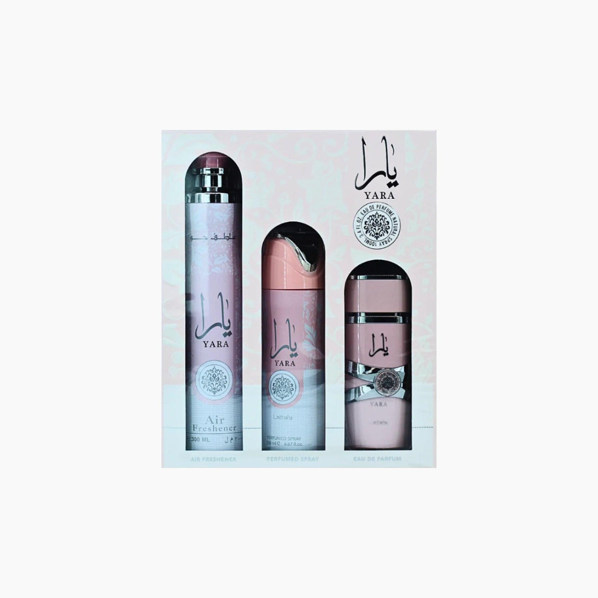 Yara Air Freshener, Perfume Spray, and Eau De Parfum 3-piece set in pink packaging with floral design, placed on a light background