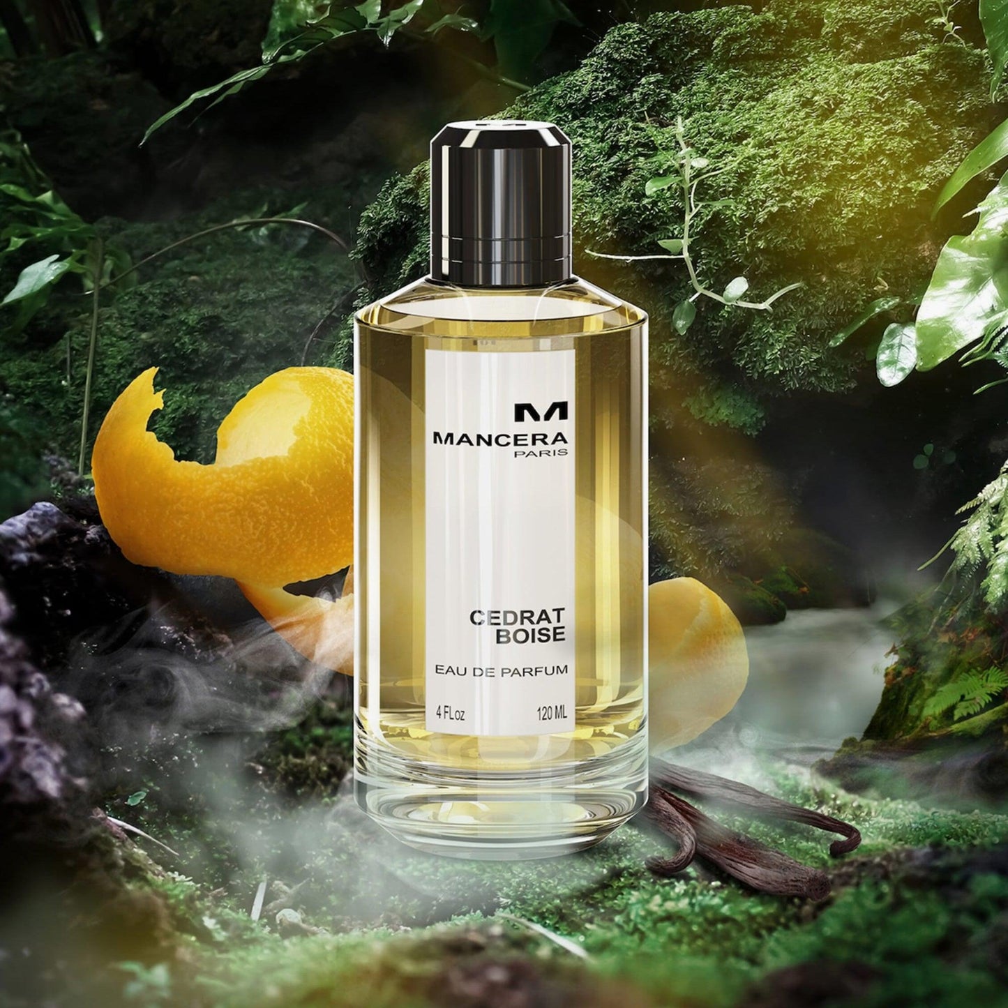 Mancera Cedrat Boise Eau De Parfum 120ml bottle placed in a lush green forest setting with citrus peels and vanilla pods, highlighting its fresh and woody fragrance theme.