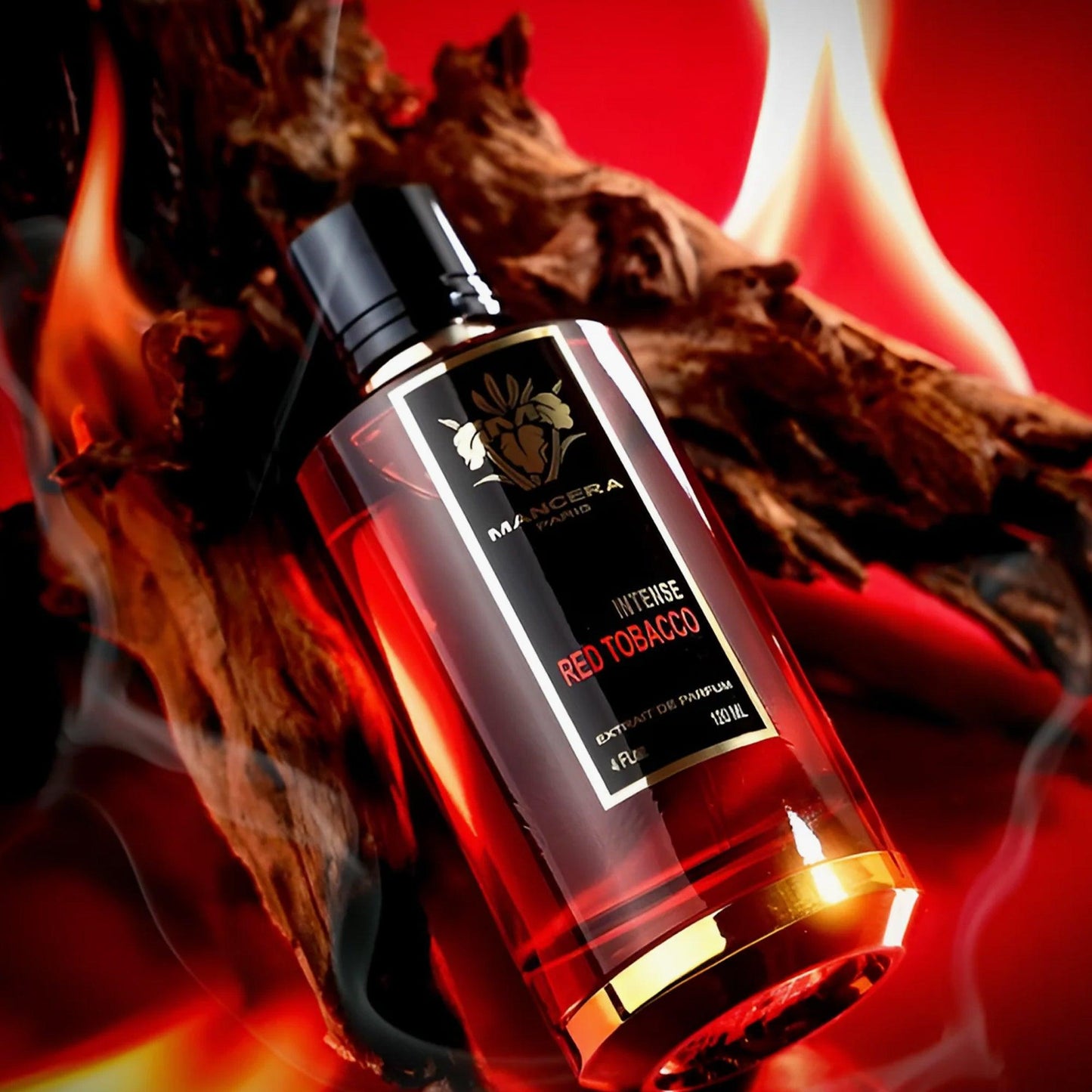 Mancera Intense Red Tobacco Extrait De Parfum 120ml bottle with deep red liquid placed against a fiery background with burning wood and smoke for a bold visual effect.