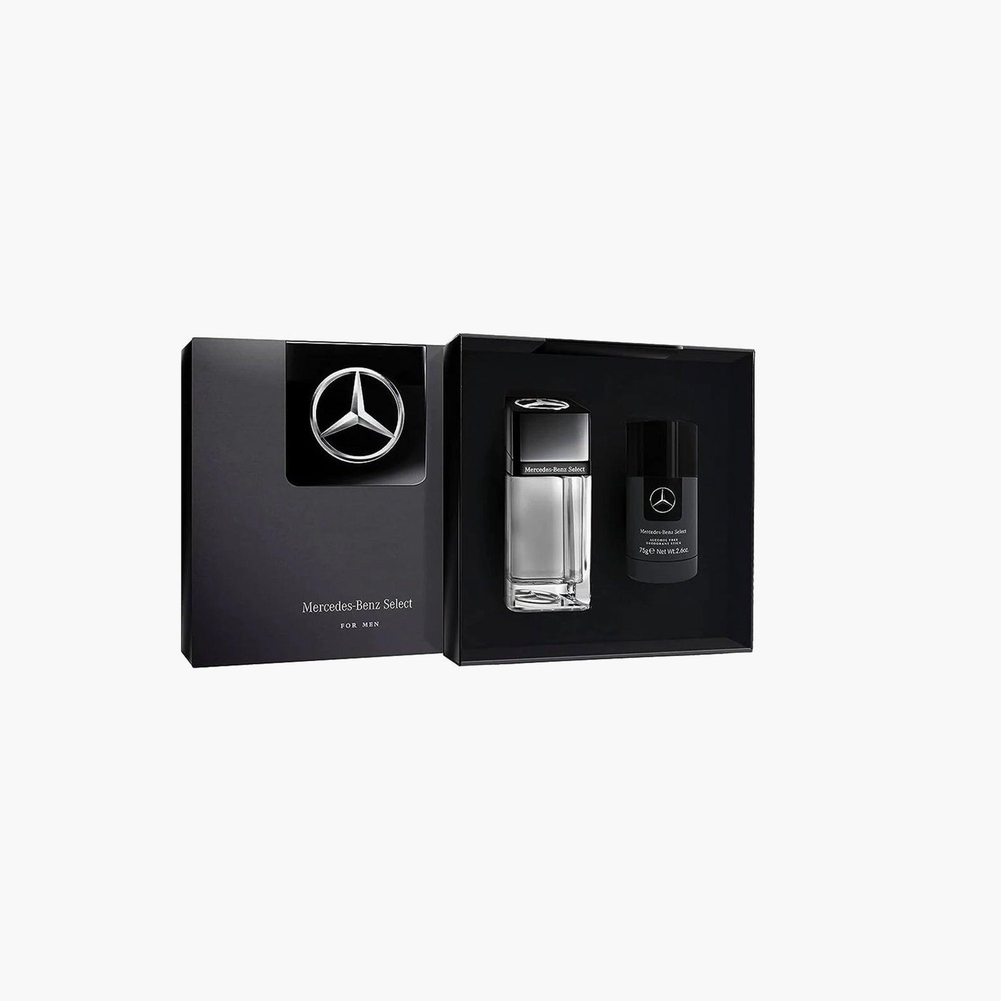 Mercedes-Benz Select For Men fragrance set with Eau De Toilette and deodorant, in sleek black packaging with the Mercedes logo