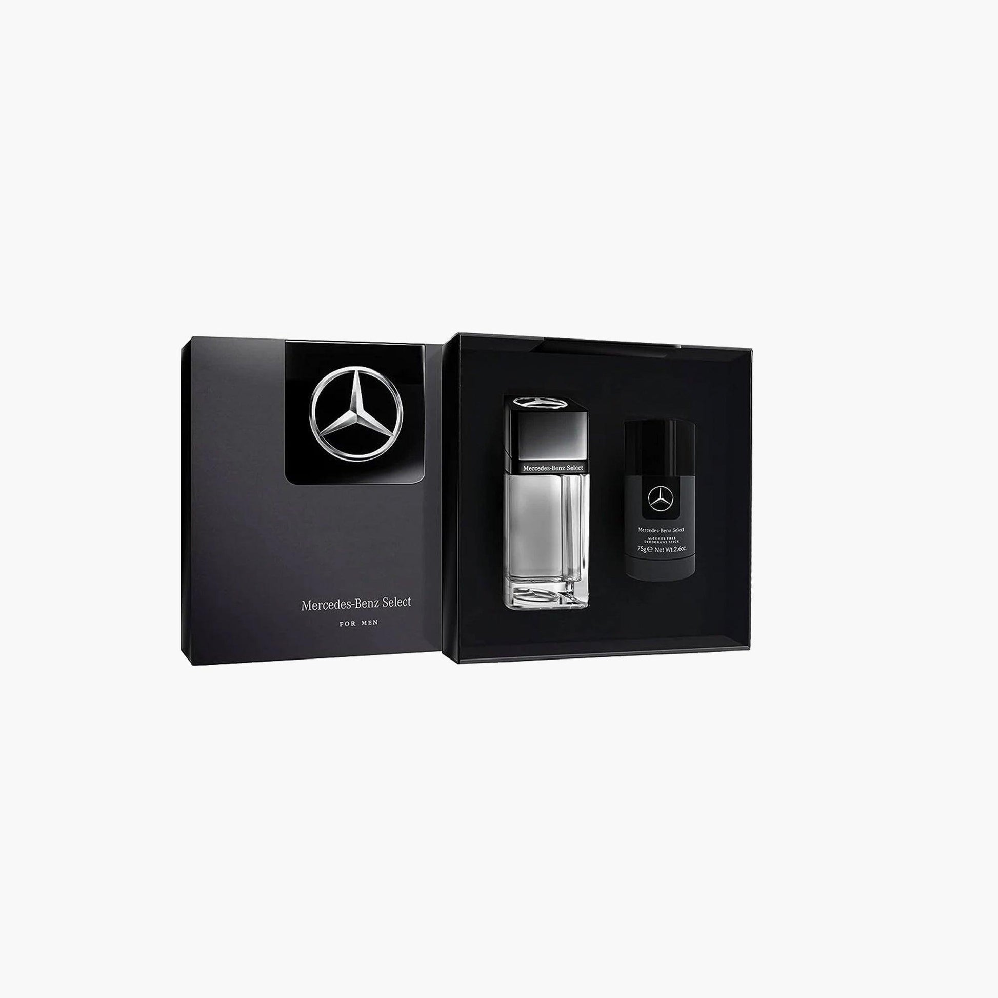 Mercedes-Benz Select For Men fragrance set with Eau De Toilette and deodorant, in sleek black packaging with the Mercedes logo