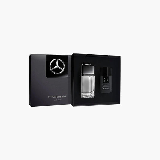 Mercedes-Benz Select For Men fragrance set with Eau De Toilette and deodorant, in sleek black packaging with the Mercedes logo
