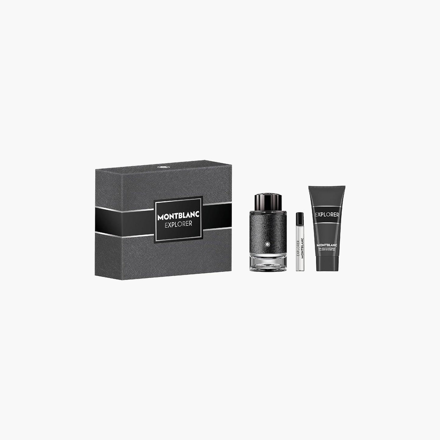 Montblanc Explorer fragrance set with Eau De Toilette, travel spray, and shower gel in a sleek grey box with black accents