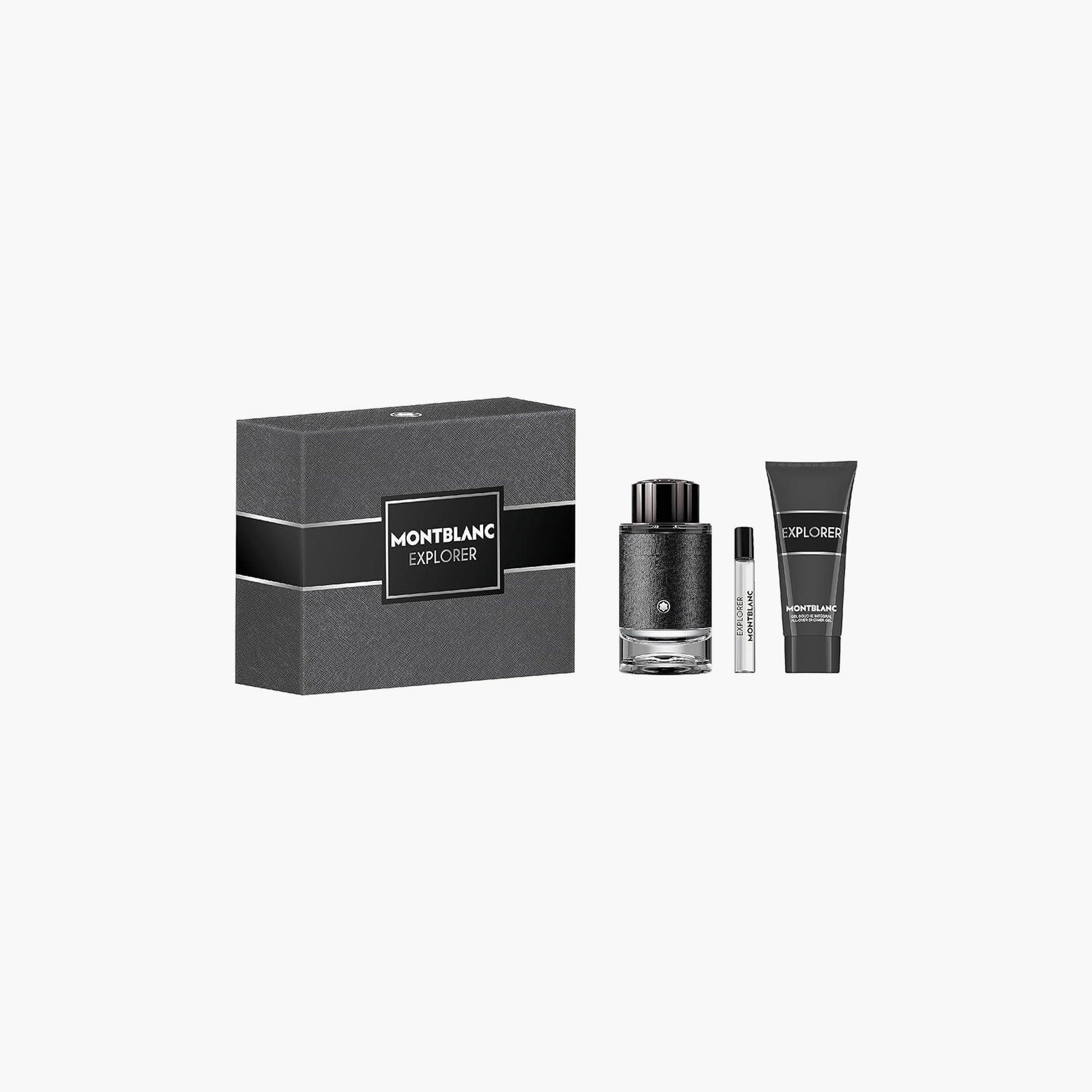 Montblanc Explorer fragrance set with Eau De Toilette, travel spray, and shower gel in a sleek grey box with black accents