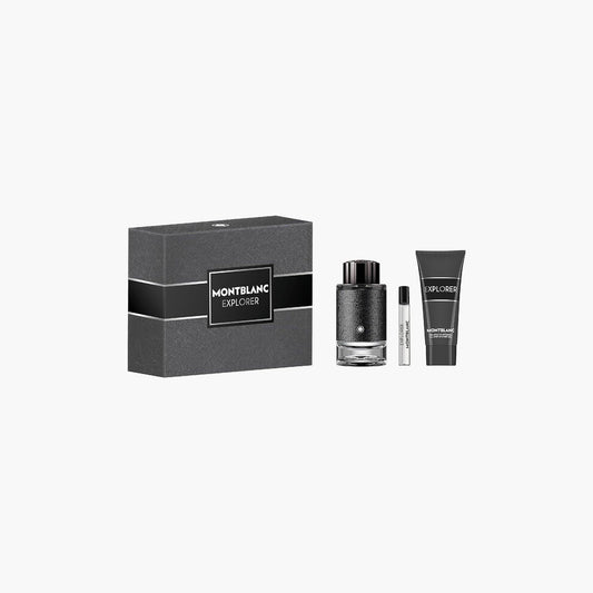 Montblanc Explorer fragrance set with Eau De Toilette, travel spray, and shower gel in a sleek grey box with black accents