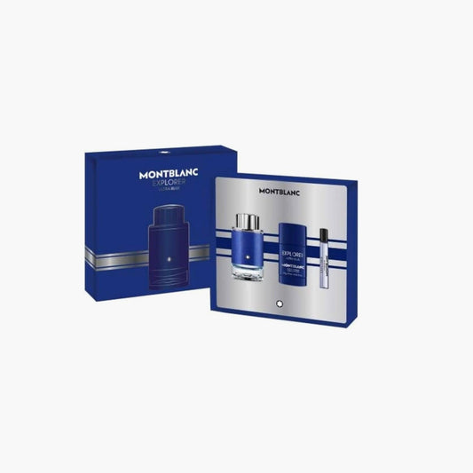 Montblanc Explorer Ultra Blue gift set featuring a stylish blue perfume bottle, deodorant stick, and travel spray, all presented in an elegant blue and silver box design.