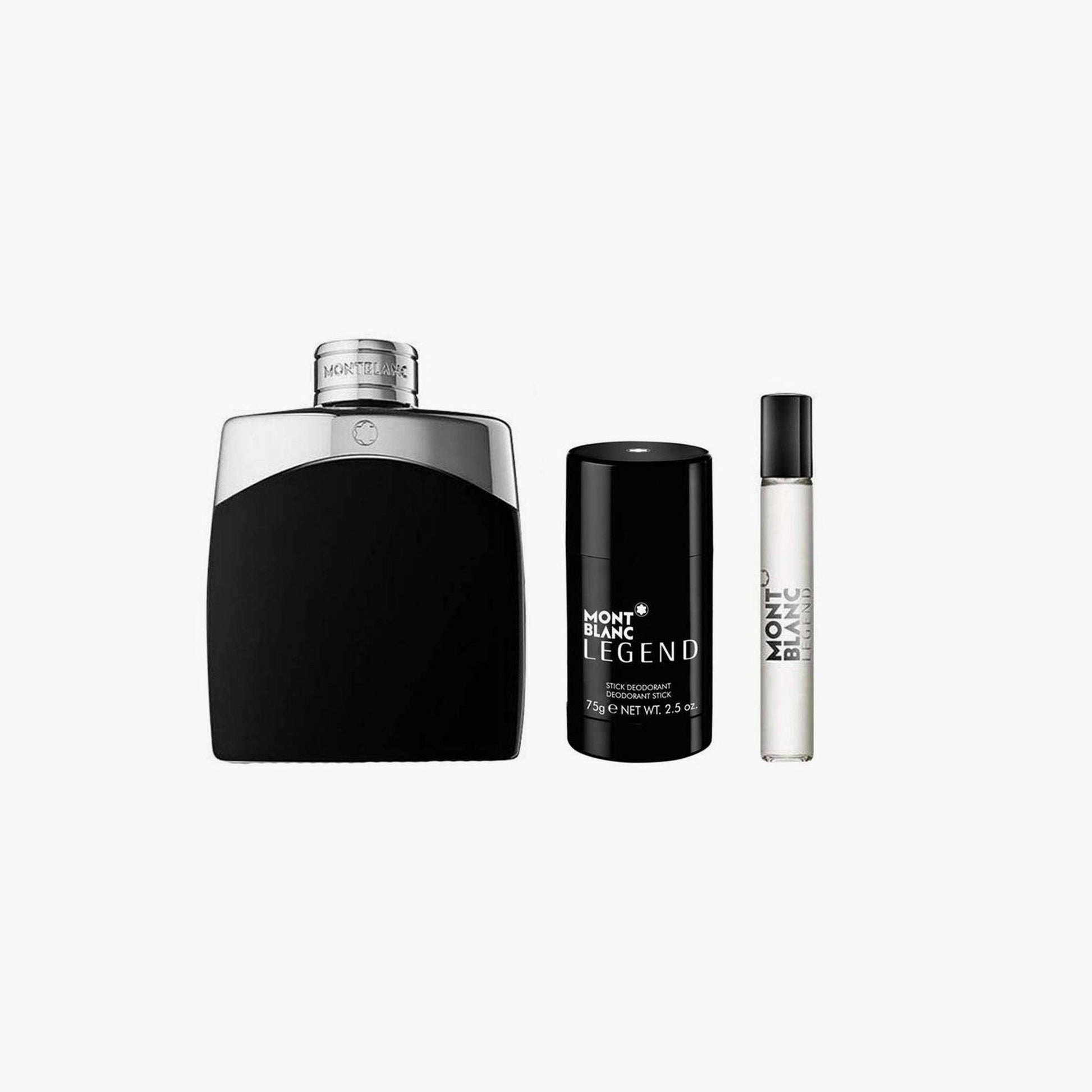 Montblanc Legend gift set featuring a black perfume bottle, deodorant stick, and mini travel spray in a sleek, luxury design with the Montblanc logo.