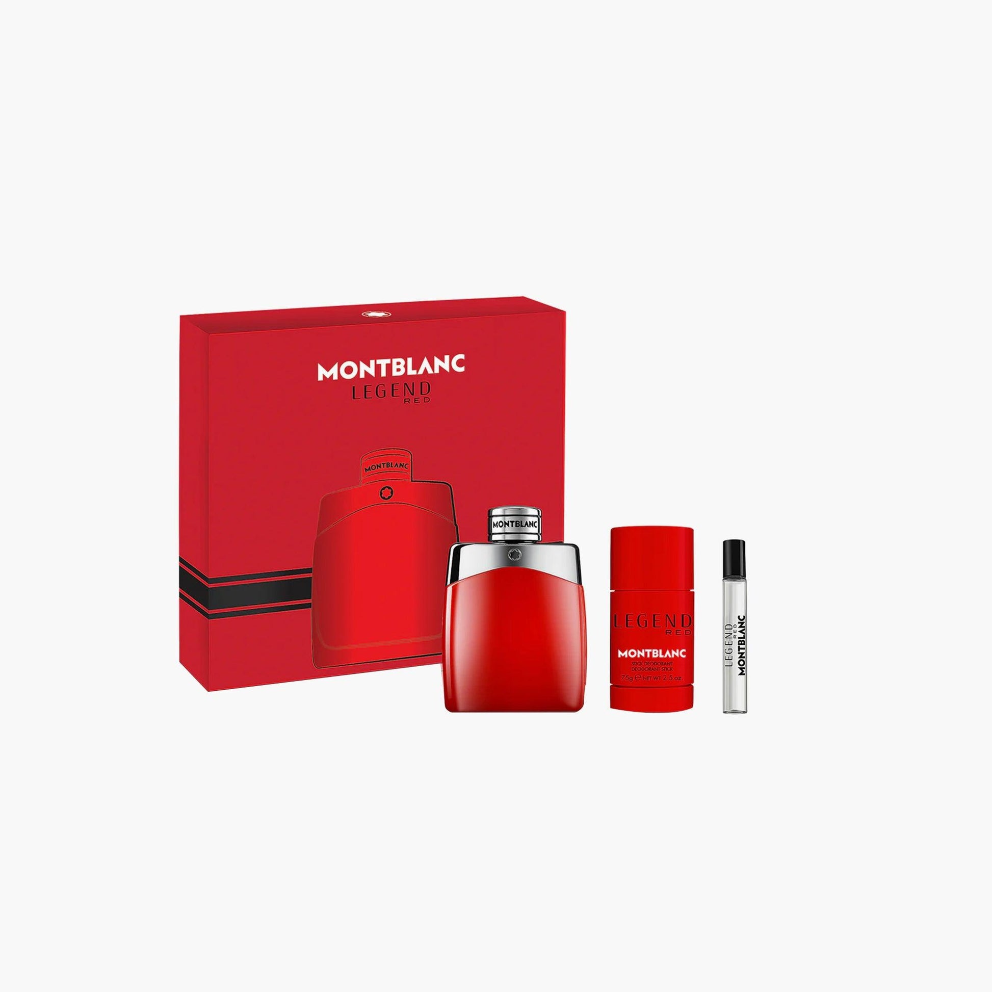 Montblanc Legend Red gift set featuring Eau De Parfum bottle, deodorant stick, and travel spray placed beside a red packaging box on a white background.
