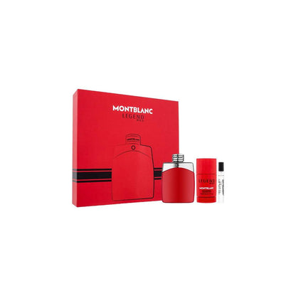 Montblanc Legend Red Eau De Parfum gift set featuring red perfume bottle, deodorant stick, and travel spray placed beside a matching red box on a white background.