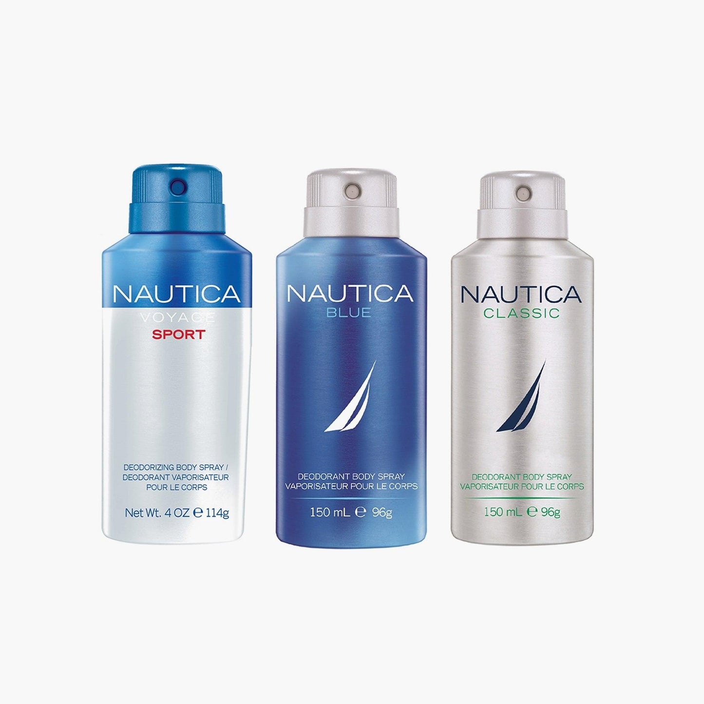 Set of three Nautica deodorant body sprays including Voyage Sport, Blue, and Classic variants placed side by side on a white background