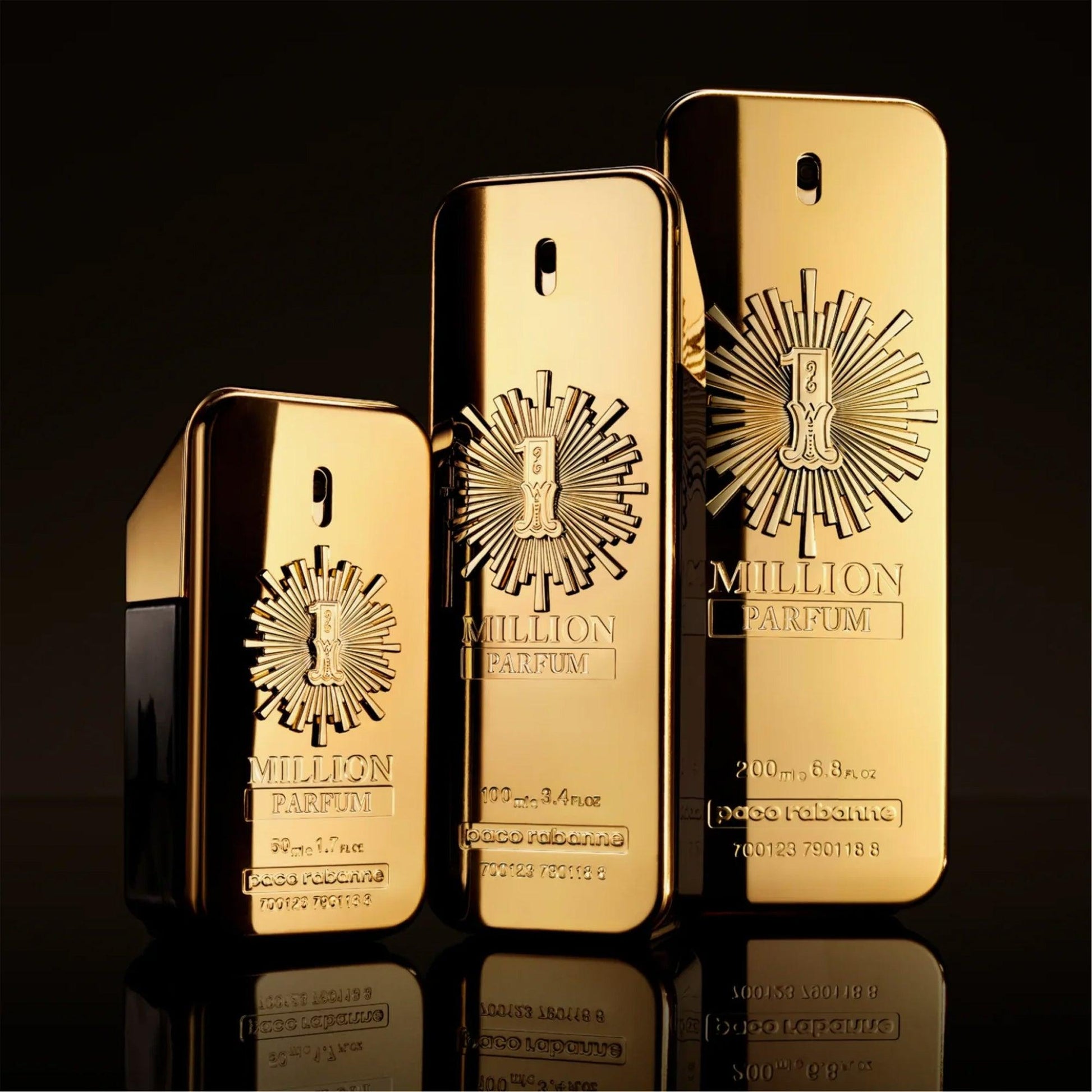 Paco Rabanne 1 Million Parfum collection featuring three gold bar-shaped perfume bottles in different sizes displayed against a dark reflective background