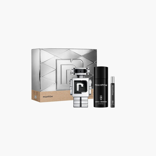 Paco Rabanne Phantom fragrance set with robot-shaped perfume bottle, deodorant stick, and travel spray, all in a silver and black box
