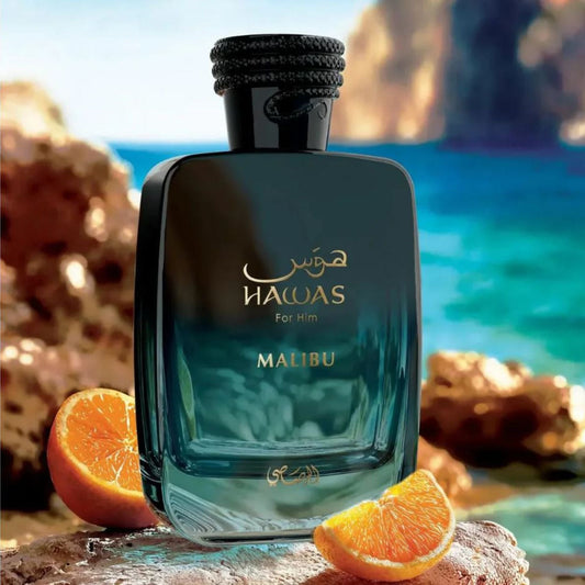 Rasasi Hawas Malibu Eau De Parfum For Men 100ml Bottle and Packaging