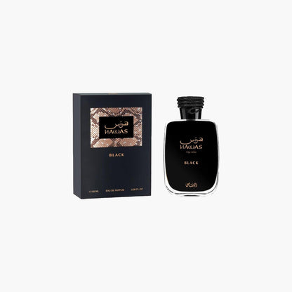 Rasasi Hawas Black For Him Eau De Parfum 100ml Bottle and Box