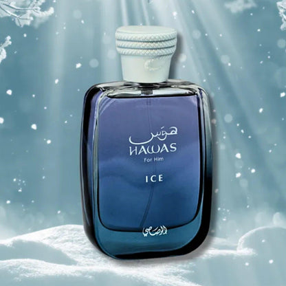 Rasasi Hawas For Him Ice perfume bottle in cool blue tones placed against an icy, frosted background with sunlight beams, representing a refreshing and energetic masculine scent